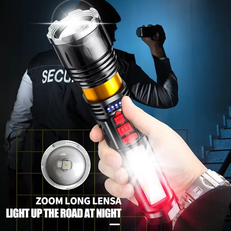 High Power Rechargeable LED Flashlight Lighting 20H Torch Light  Super Powerful Multifunctional Flashlight With Siren Sound