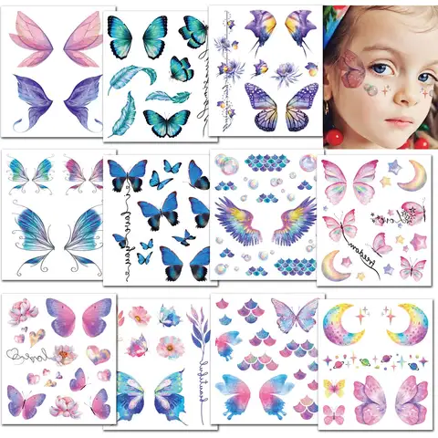 Autocollants de Tatouage Temporaire Papillon pour Enfant et Femme, 12 Feuilles, Maquillage des Yeux, Galaxie, Imperméable, pour le Visage, Cadeaux de ix