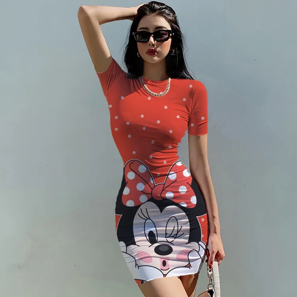 2023 New Disney Mickey Mouse Print Dress Women Summer O Neck Tight Skirt Ladies Casual Dress Fashion Cartoon Age Reducing Dress