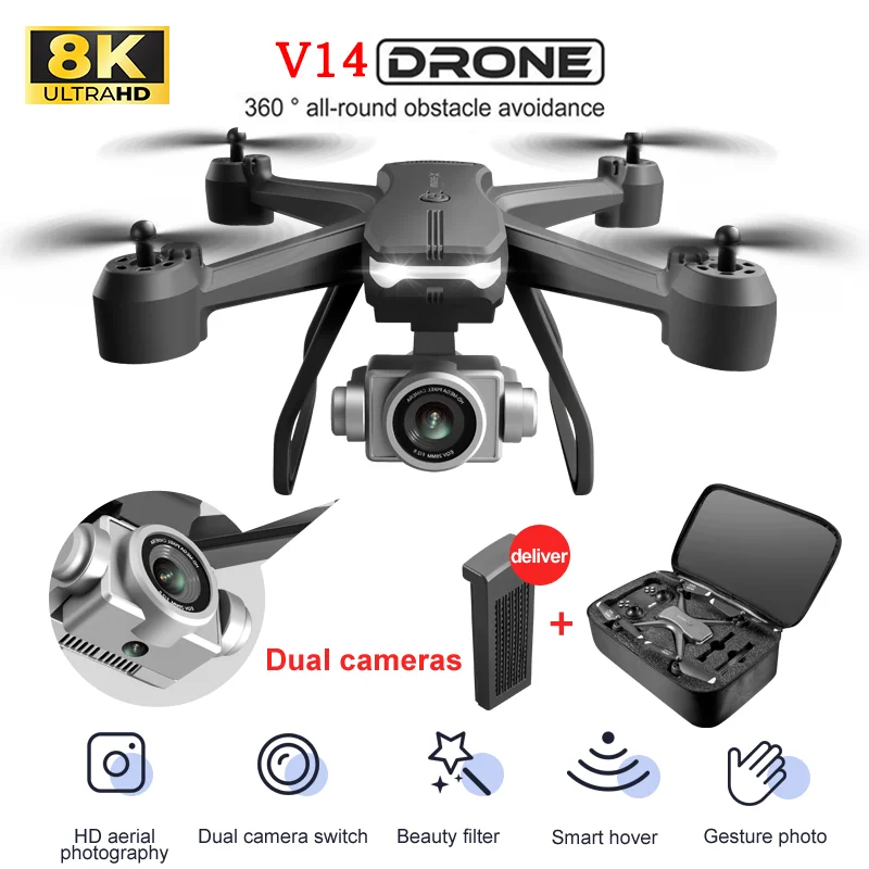 Brand New V14 Drone 8K Professional High Definition Dual Camera Optical Flow Positioning Brushless Motor Foldable Four-Axis