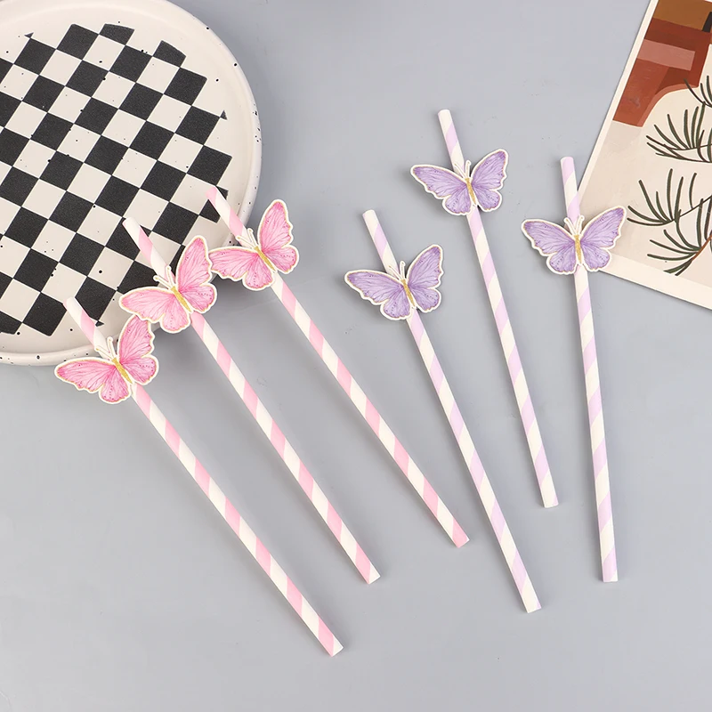 6pcs Butterfly Striped Paper Straw Wedding Birthday Party Decorations Kids Baby Shower Girls 1st Birthday Party Supplies