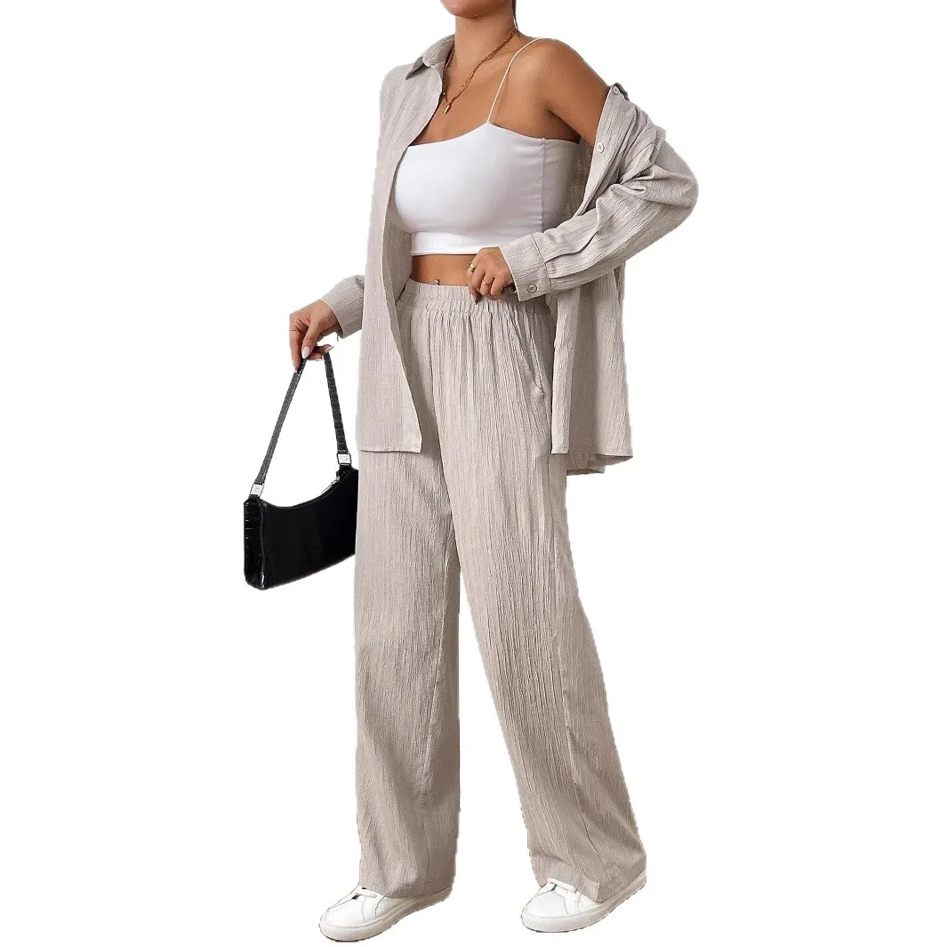 Womens Fall Clothes 2025 Solid Color Lapel Button Long-sleeved Shirt + Elastic Waist Wide-leg Trousers Loose 2 Piece Set Outfit