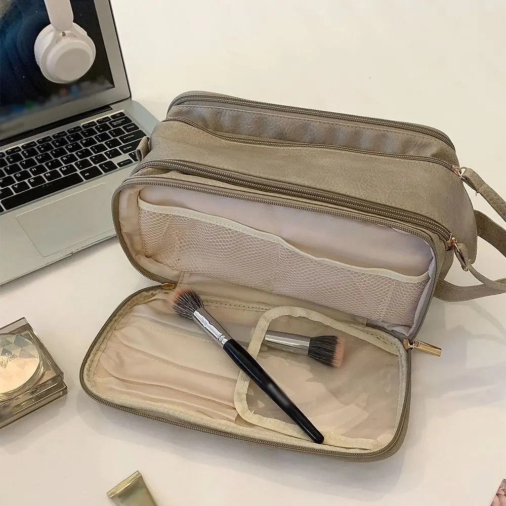 

Portable Women's Makeup Bag Solid Color Double Zipper Handheld Storage Bag PU Leather Waterproof Toiletries Storage Pouch