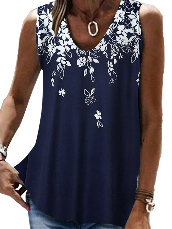 Plus Size Women Sleeveless V-neck Floral Printed Graphic Top