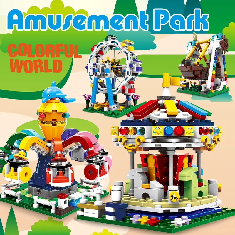 

Amusement Park Rotating Ferris Wheel Building Blocks Street View Carousel Pirate Ship Decoration Model Bricks Toys For Kids Gift