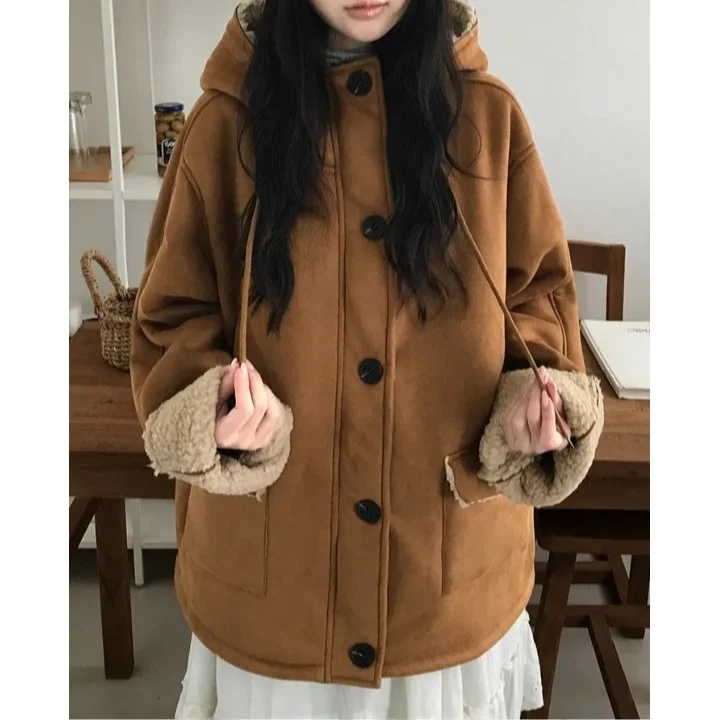 Retro Fur Cotton Jaet Hooded Dstring Women's Outerwear Korean Sle Spring Autumn Winter Casual Faion Streetwear
