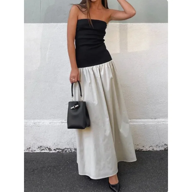 

2024 Summer Elegant Patchwork Ruffles Strapless Long Dress Women Sexy Slash Neck Sleeveless Slim Casual Street Commute Dresses