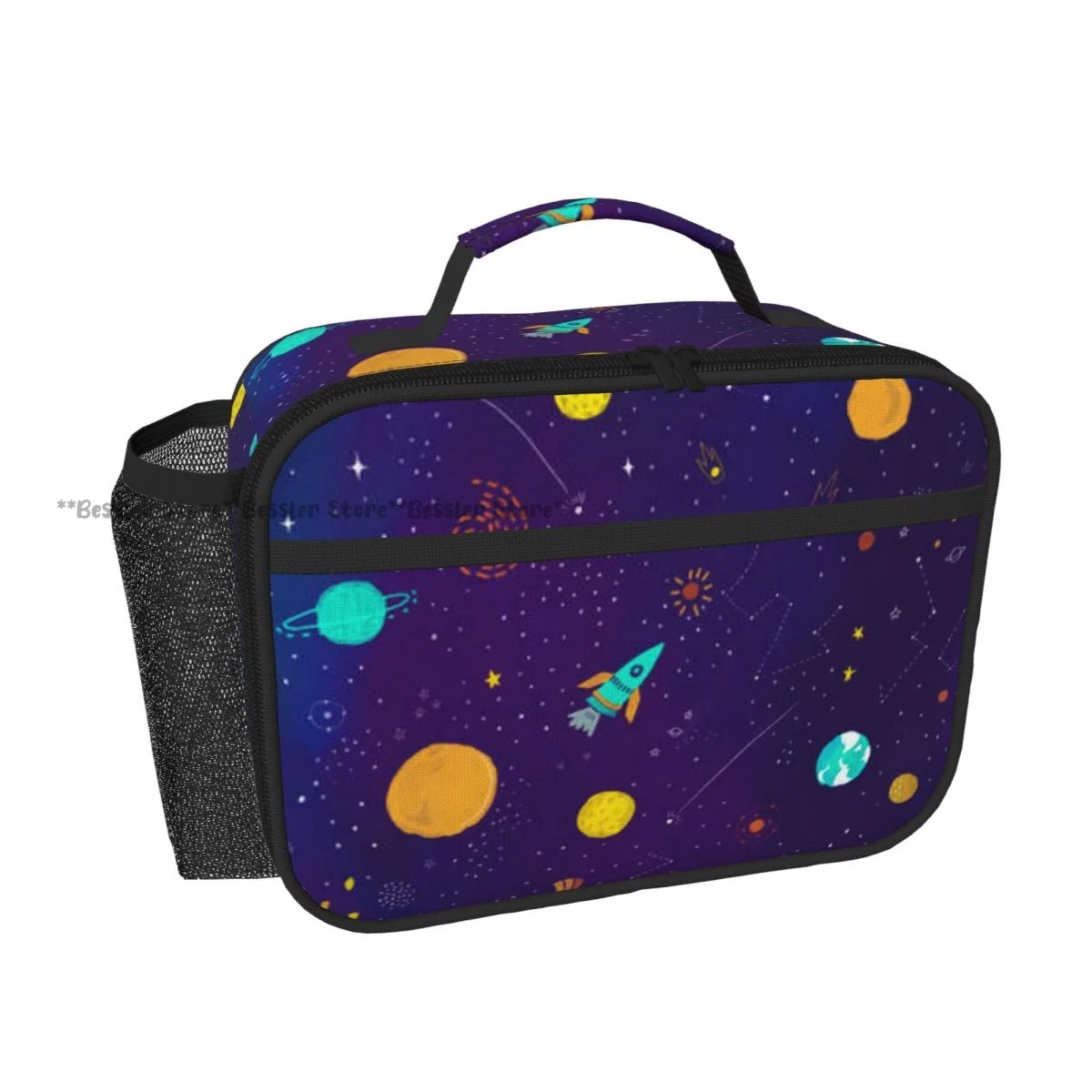 Hand Tote Insulated Lunch Bag Cartoon Rocket Spaceship In Space Thermal Bento Box Handbag for Picnic
