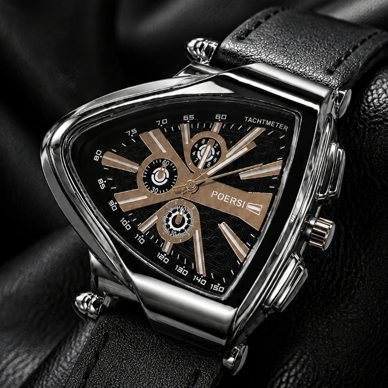 Luxury Men Watch Fashion Triangular Hollow Skeleton Dial Leather Band Quartz Watch Men Business Sports Watch Wrist Clock Gifts