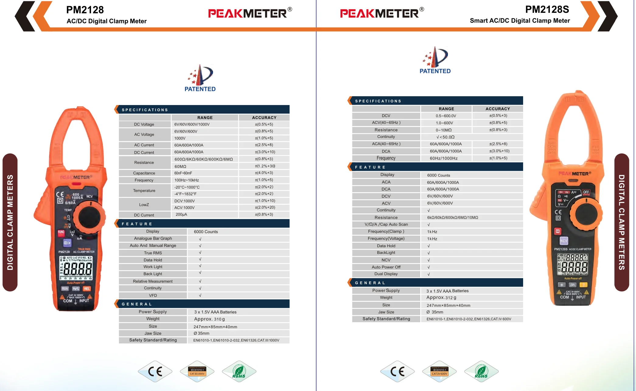 Peakmeter Digital Clamp Meter, Resistência de Freqüência, VFD Tensão, Continuidade Multímetro, PM2128, PM2128S, 1000A