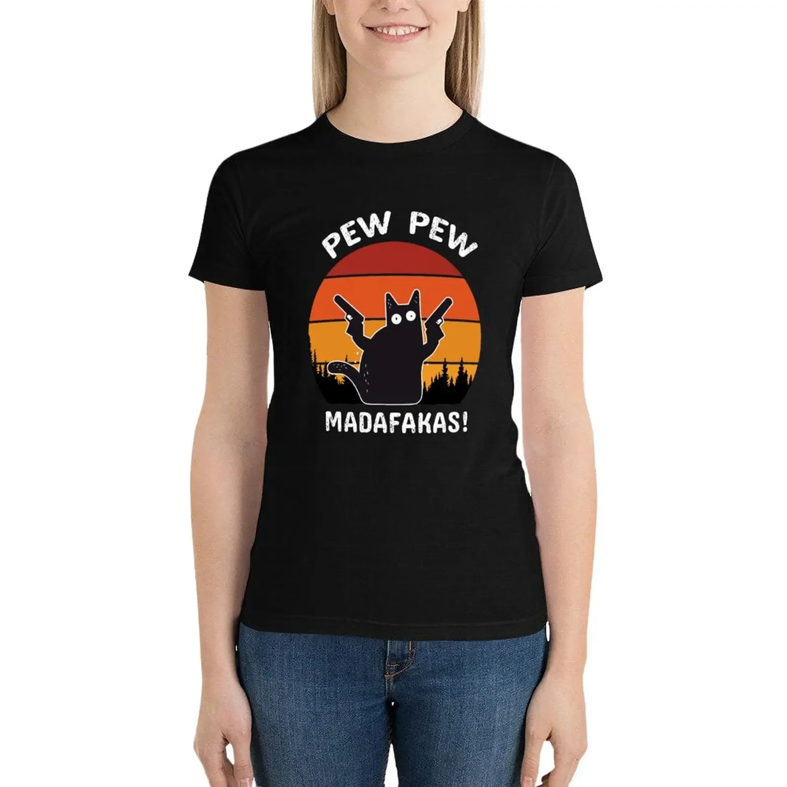 Vintage Retro Black Cat Pew Pew Madafakas! funny cat pew madafakas! T-Shirt summer top western t shirts for Women