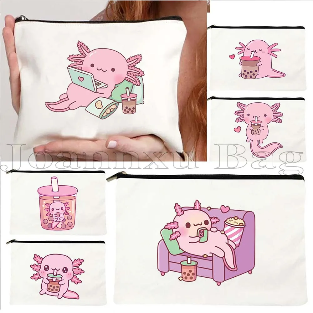 Lindos regalos de dibujos animados Rosa enfriando Axolotl beber té de burbujas Animal encantador lona cosmética maquillaje bolsa de aseo estuche para lápices