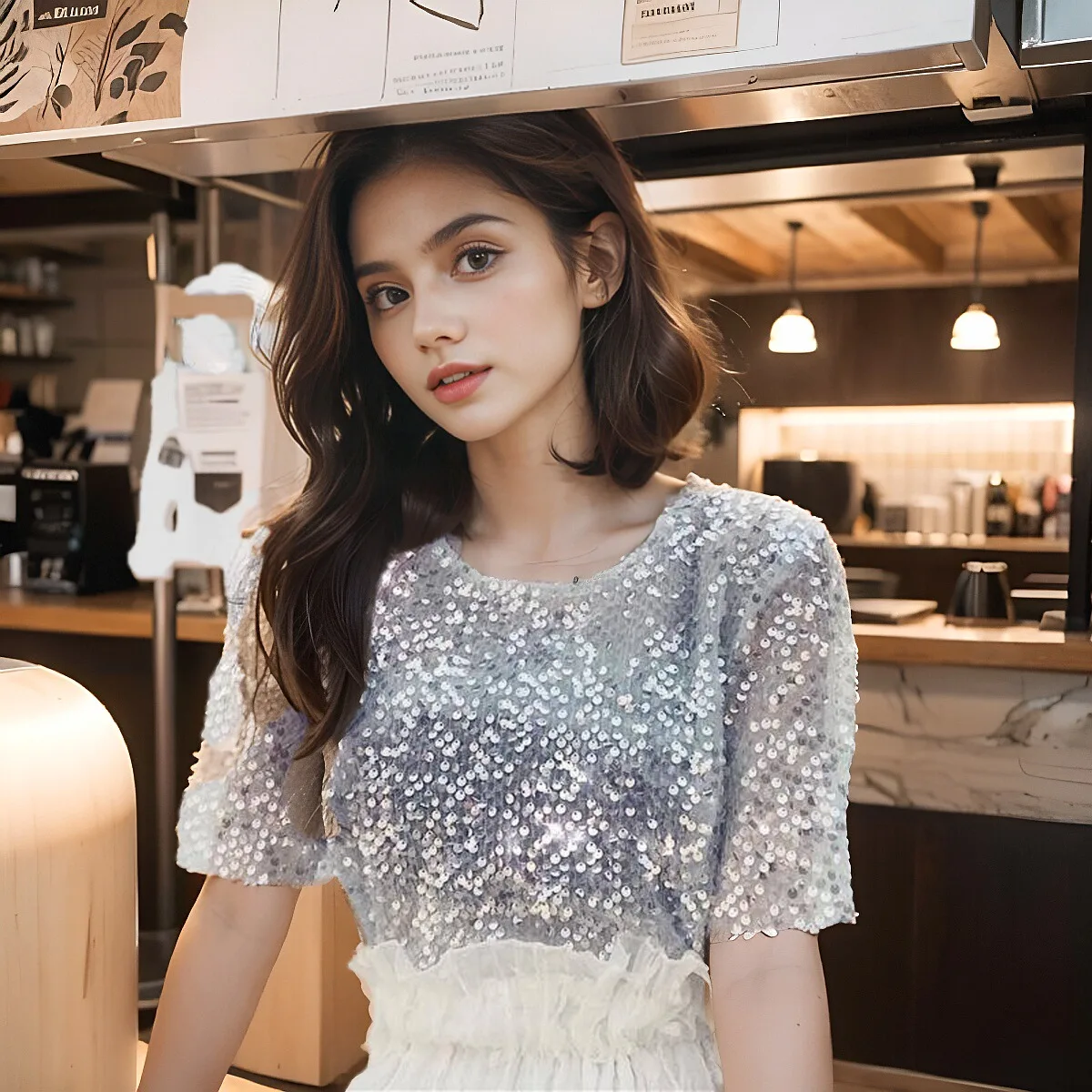 iny Sequin ort Sve Chiffon Top Korean Sle Summer Bright Lady Faionable Outerwear Lace Collar Stand out Piece