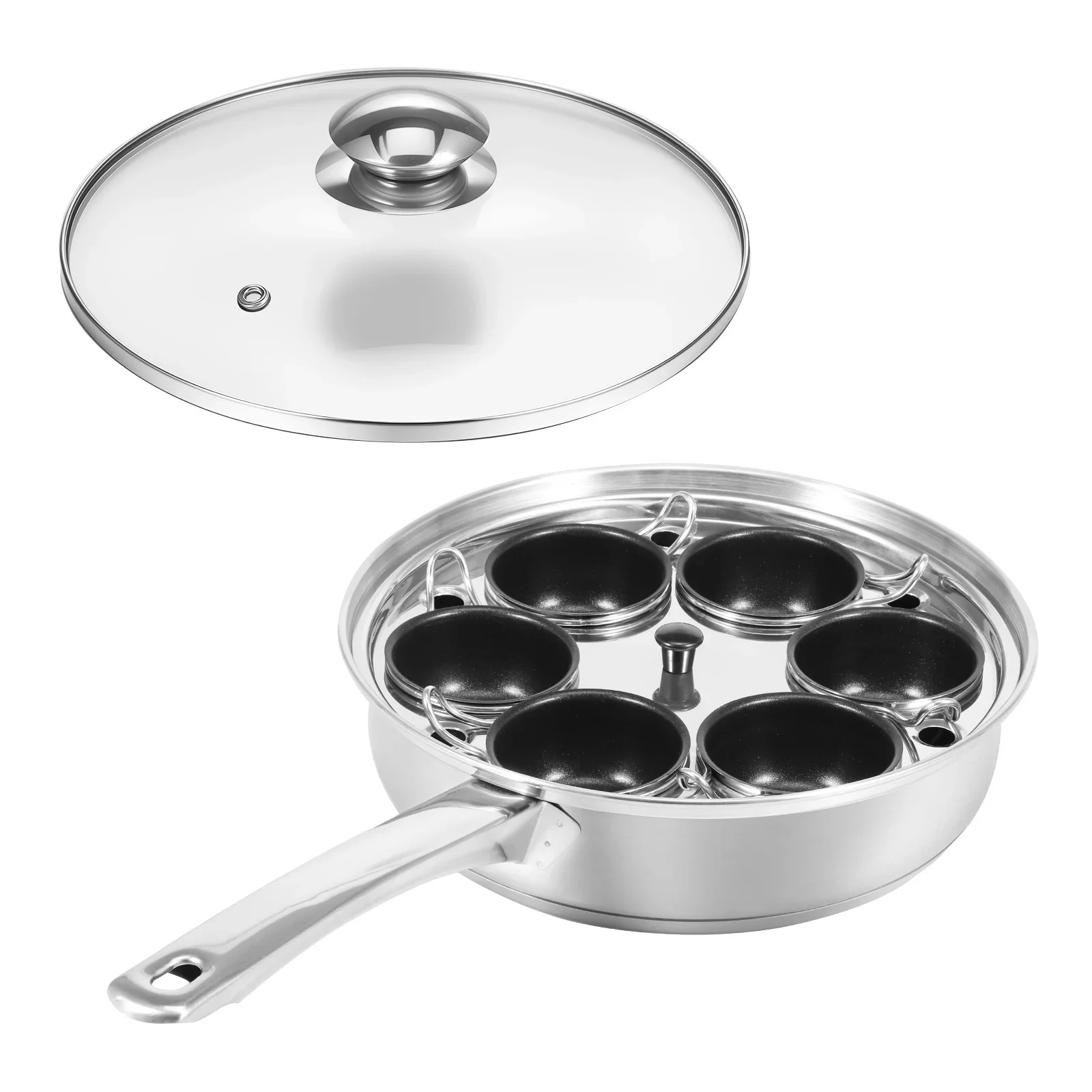 Stainless Steel Egg Poacher Pan Uniform Heating Poached Egg Cooker with 6 Nonstick Egg Poacher Cup and Lid Breakfast Egg Poacher