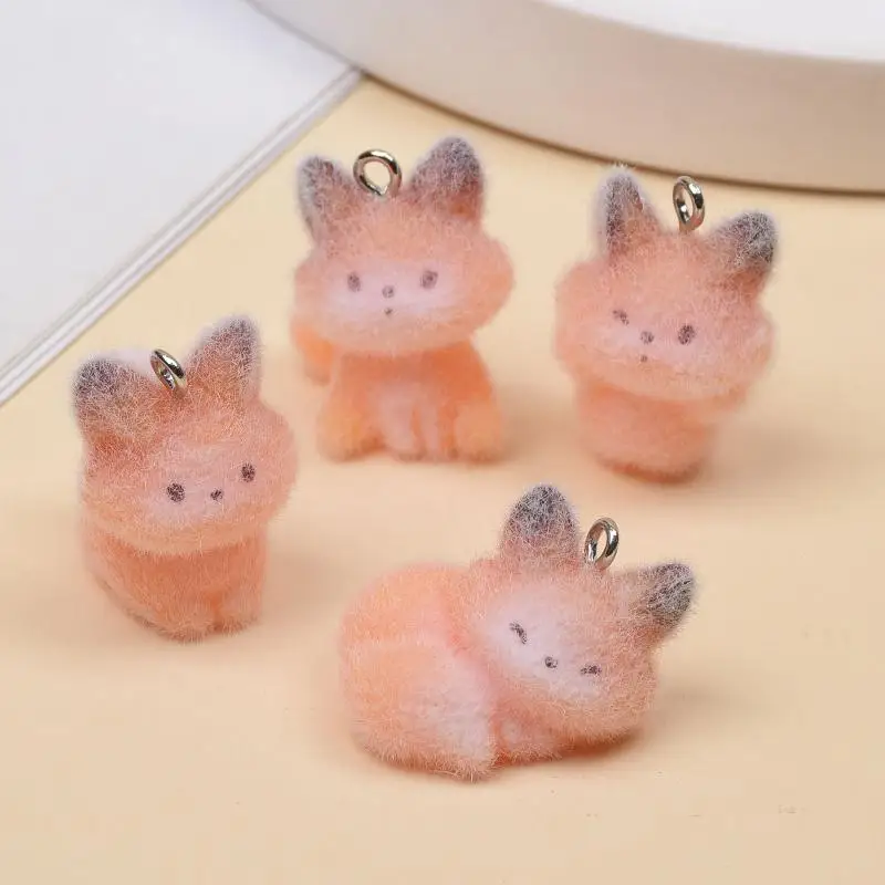 4Pcs Adorable Flocked Fox Resin Charms Cute Cartoon Design DIY Craft Supplies for Keychain Necklace Handmade Jewelry Making