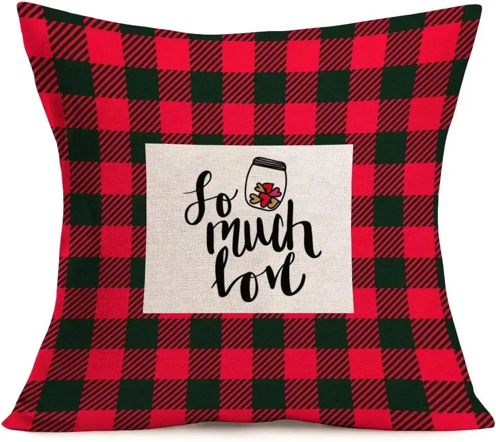 Throw Pillow Cover Red and Black Plaid Sweet Love Home Decorative Pillowcase Farmhouse Sofa Decorative Cushion Cover Pillowcase image 3