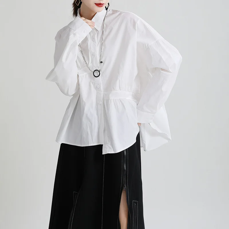 

Spring Retro Hong Kong Sle Women's Loose Large irt Long Sve Cotton Pure Color Turn-down Collar Mid-length Busin Casual