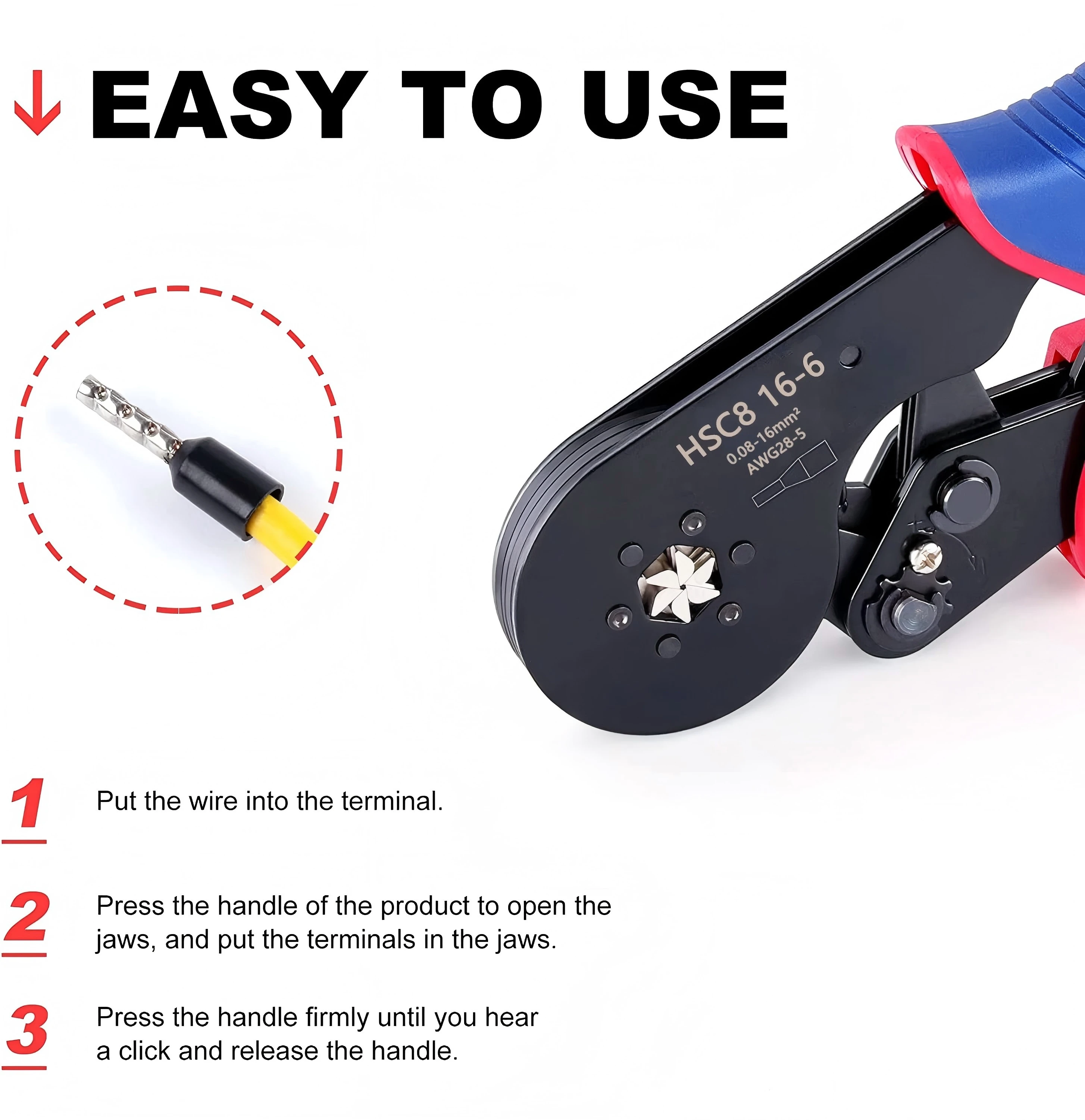 Alicate de Crimpagem HSC8 16-6A para Terminais Tubulares, Mini Alicate para Terminais de Grande Porte, Grampos Elétricos 0.08-16mm²/30-5AWG