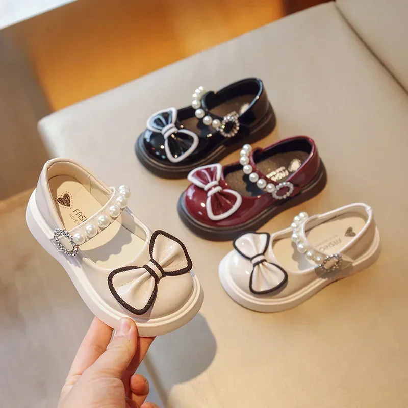 

Summer Fashion Cute Round Toe Square Heel Sandals Beaded Comfortable Bow Solid Color Casual Girls Light Small Leather Shoes