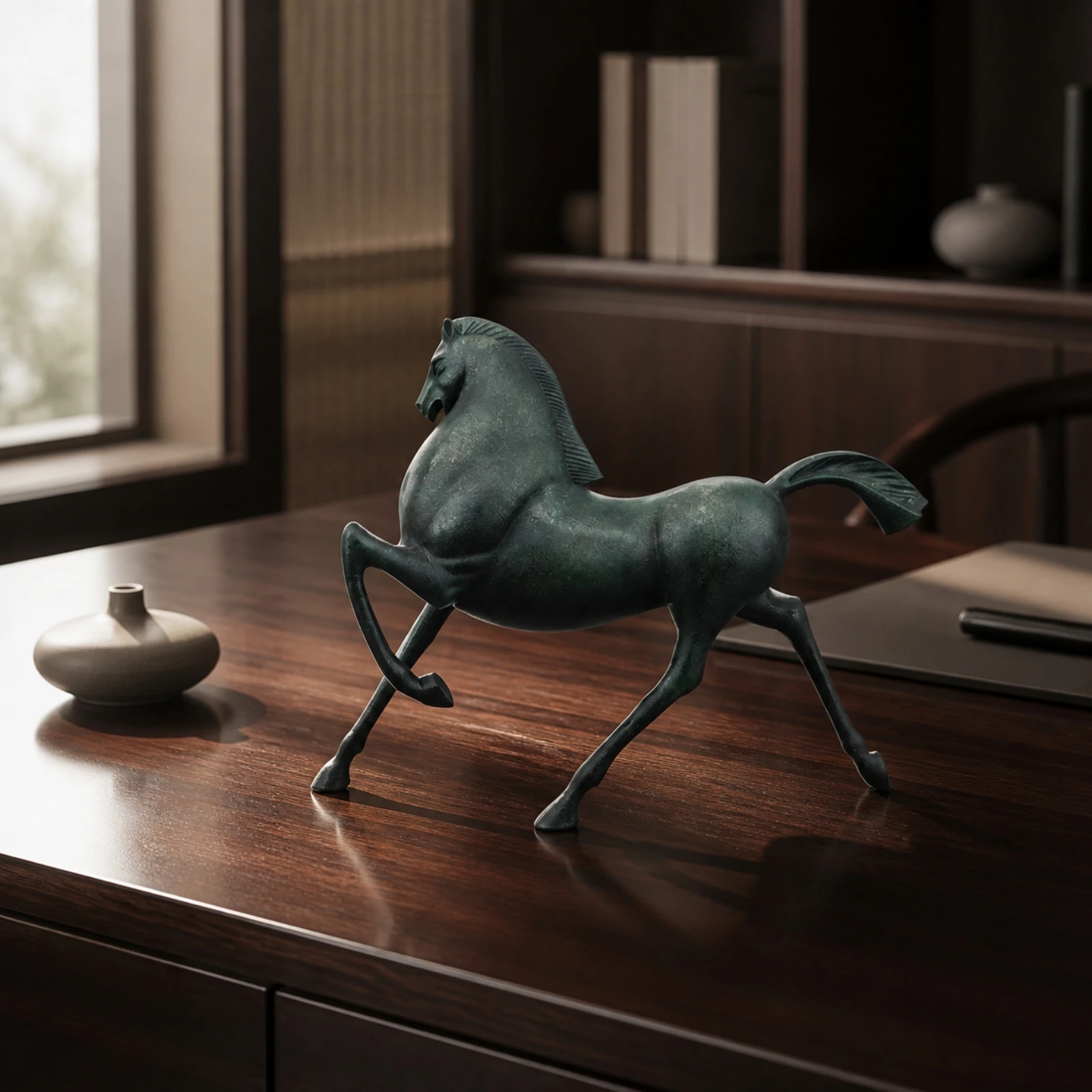 Metal Horse Sculpture Hand-Finished Chinese-Inspired Horse Figurine Ornament Long-Lasting Lightweight for Office, Entryway