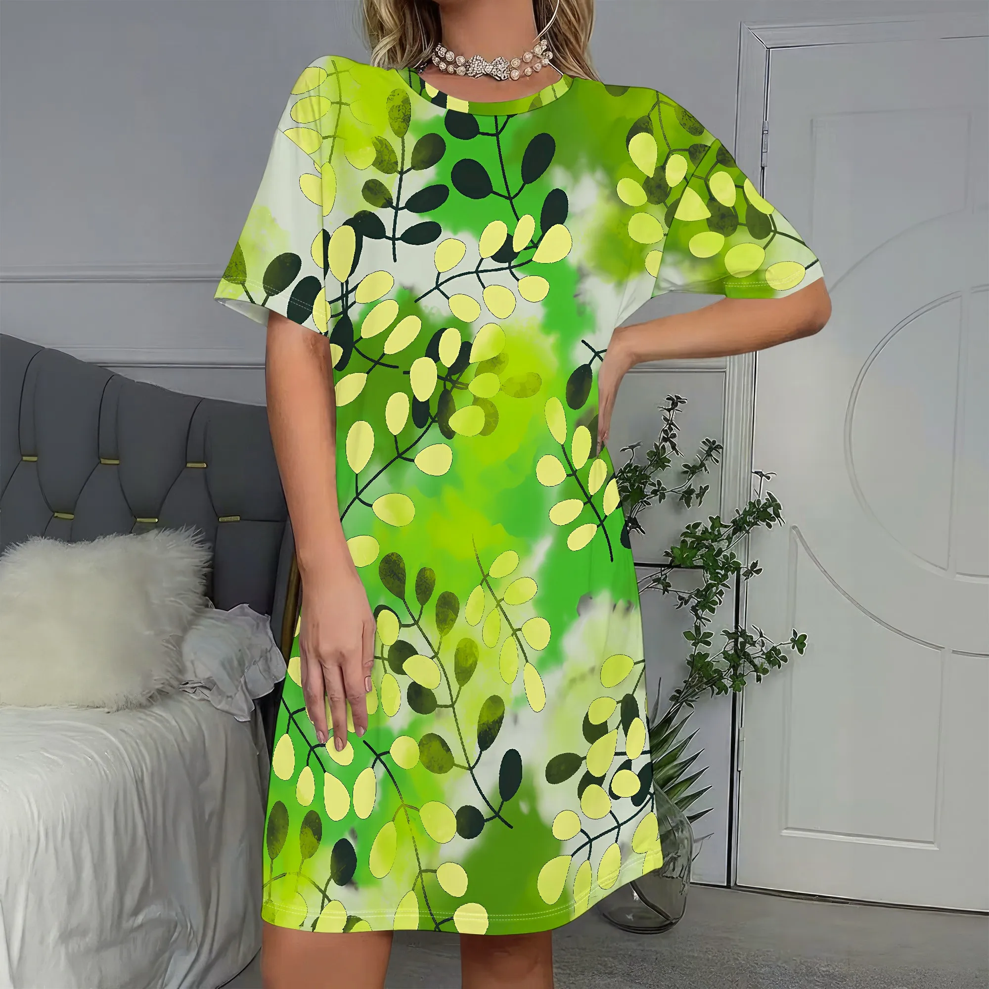 

Green Leaf Print Short Sleeve Dress, Botanical T-Shirt Dress, Summer Casual Mini Dress for Women, S-2XL