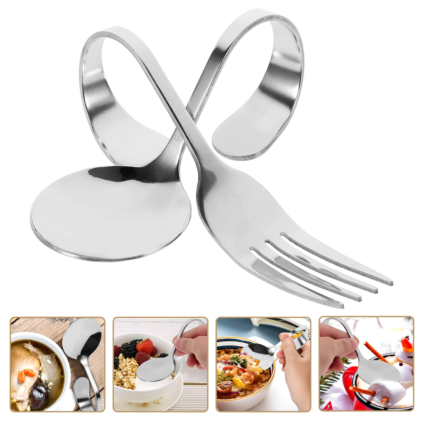 2 Pcs Stainless Steel Dessert Spoon Coffee Spoons Small Forks Multi-function Scoop Curved Handle Metal