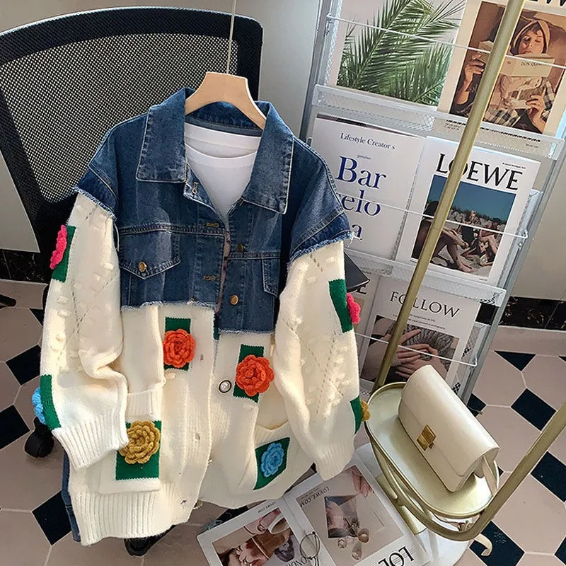 

Men's Denim Splicing Design Sense Three-dimensional Flower Sweater Jacket Spring Autumn Loose Knitted Cardigan Lapels Men Tops