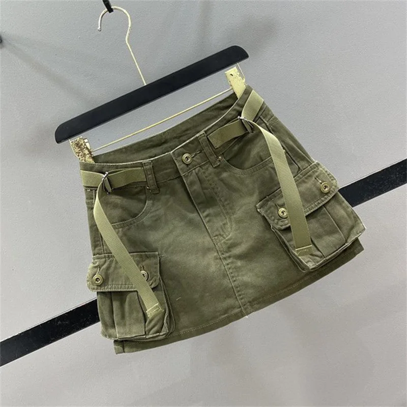 Spring Summer Safari Style Denim Short Skirt Women Sheath A-Line Skirts Schoolgirl Sweet High-waisted Jean Skirts Have Liner