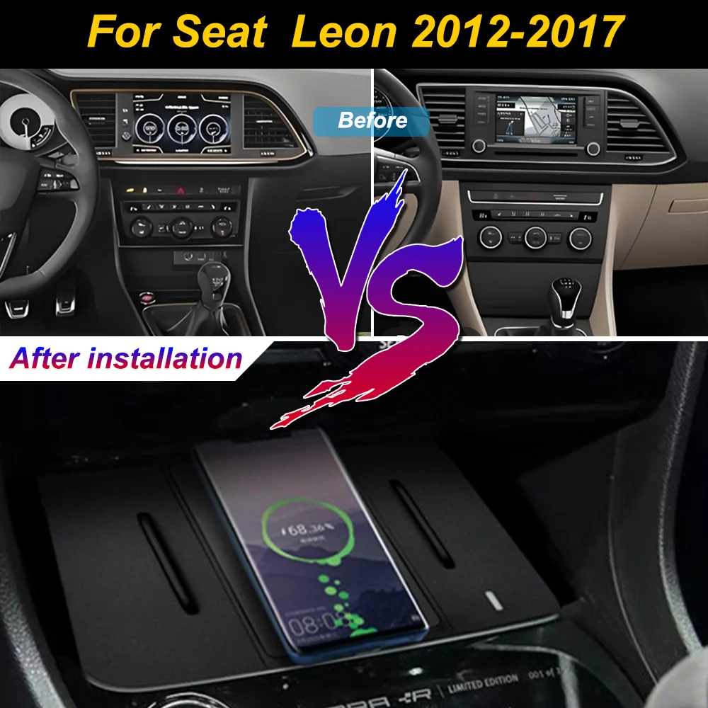 2 Din for Seat Leon 2012-2017 Car Wireless Mobile Phone Charger Center Console Storage 18W iphone fast charge plate holder