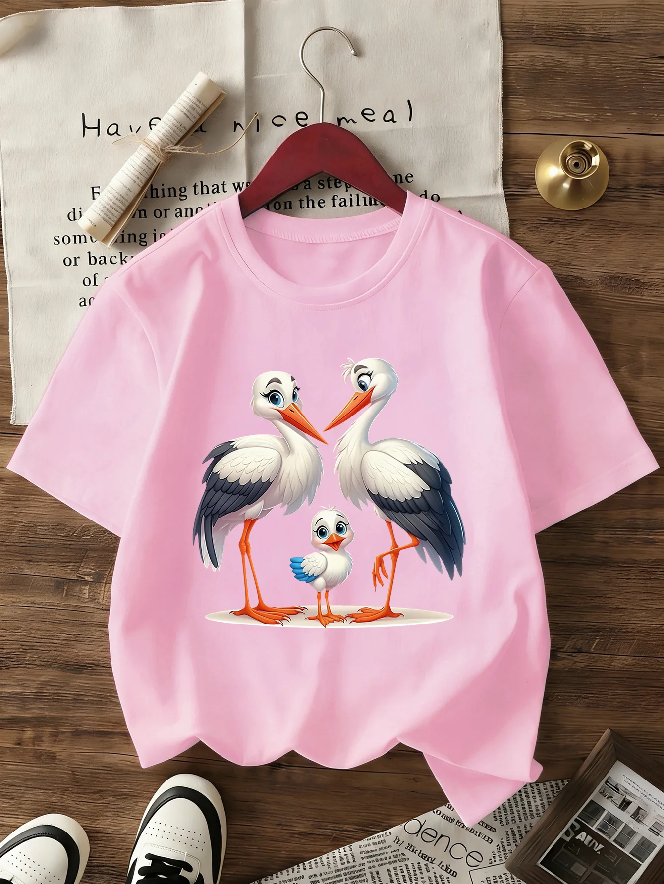Cute Cartoon Stork Bird Family Animal Print Family Matching T Shirt Boys Girls Soft Summer Short Sleeve Daily Casual Tees