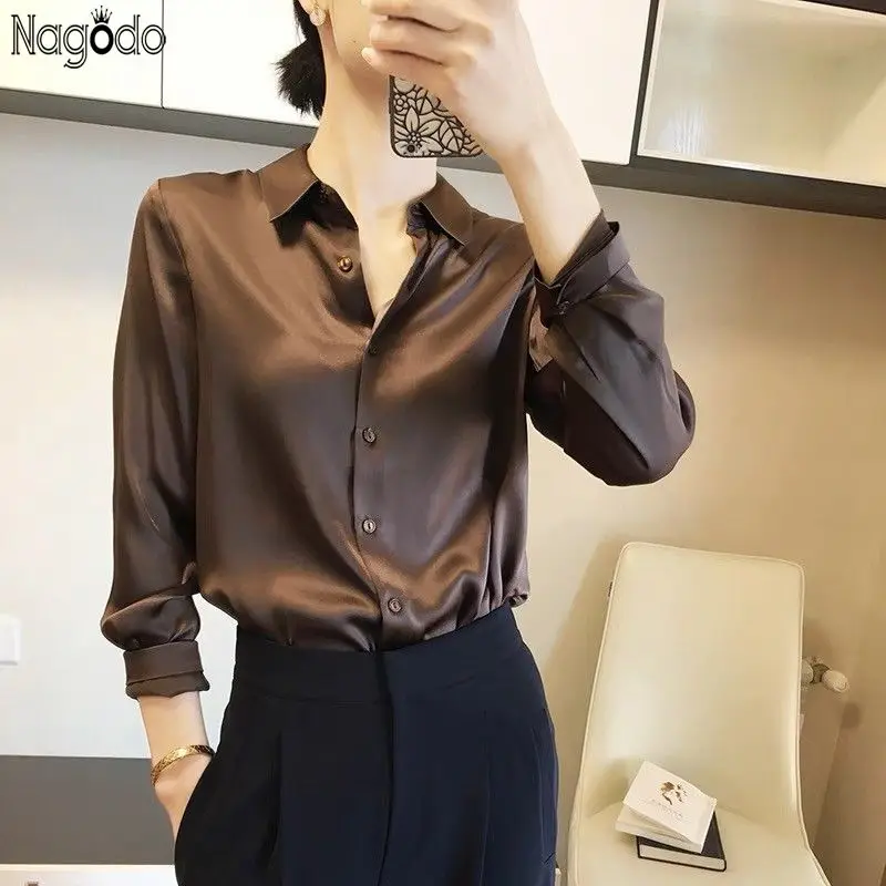 

2023 Office Lady Satin Shirts Women's Blouses 2023 Spring Solid Color Classic Work Blusas Plus size Single Breasted Basic Shirt