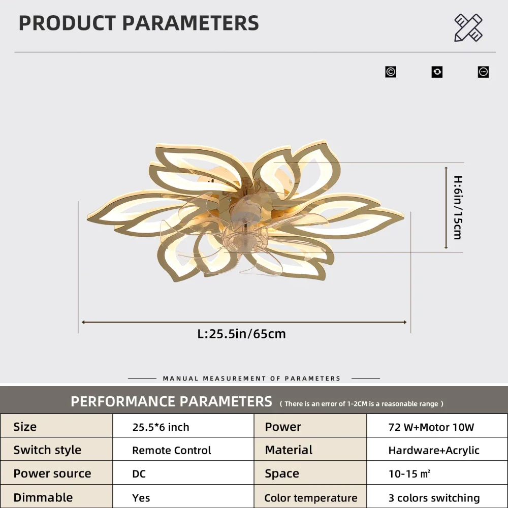 Ventilatore da soffitto in oro titanio da 25,5 pollici con telecomando leggero 3 colori Motore silenzioso a 6 velocità per camera da letto Soggiorno Design moderno