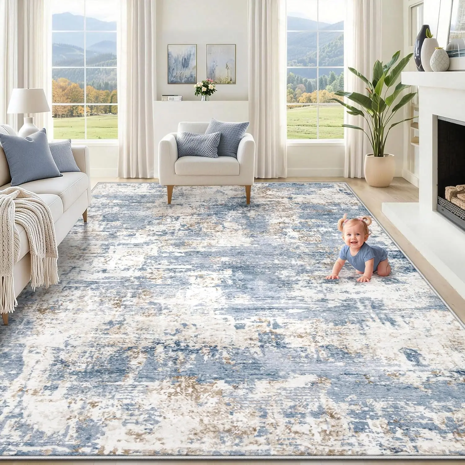 

8x10 Washable Area Rug for Living Room, Abstract Modern Large Carpet, Soft Non Slip, Stain Resistant Indoor Rug for Bedroom, Kids Room, Blue