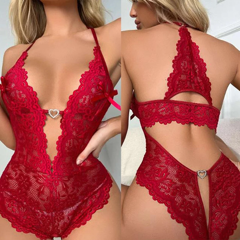 One Piece Open Bra Crotchless Women\'s Underwear For Sex Lace Transparent Lingerie Sets Plus Size Body Suit Erotic Lenceria Mujer