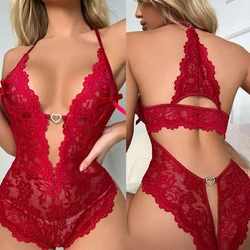 One Piece Open Bra Crotchless Women's Underwear For Sex Lace Transparent Lingerie Sets Plus Size Body Suit Erotic Lenceria Mujer