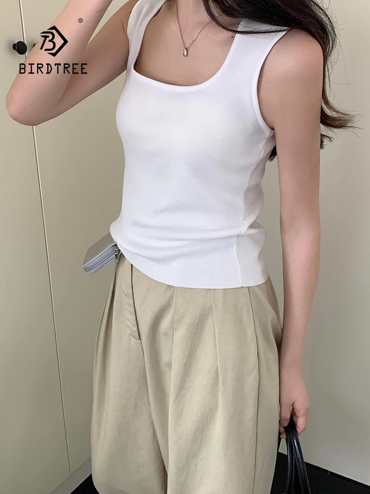 BirdTree, 5%Natural Silk Elegant Vest, Women Sleeveless U Neck, Versatile Casual Basics Knit Top, 2024 Summer Autumn T46502QC