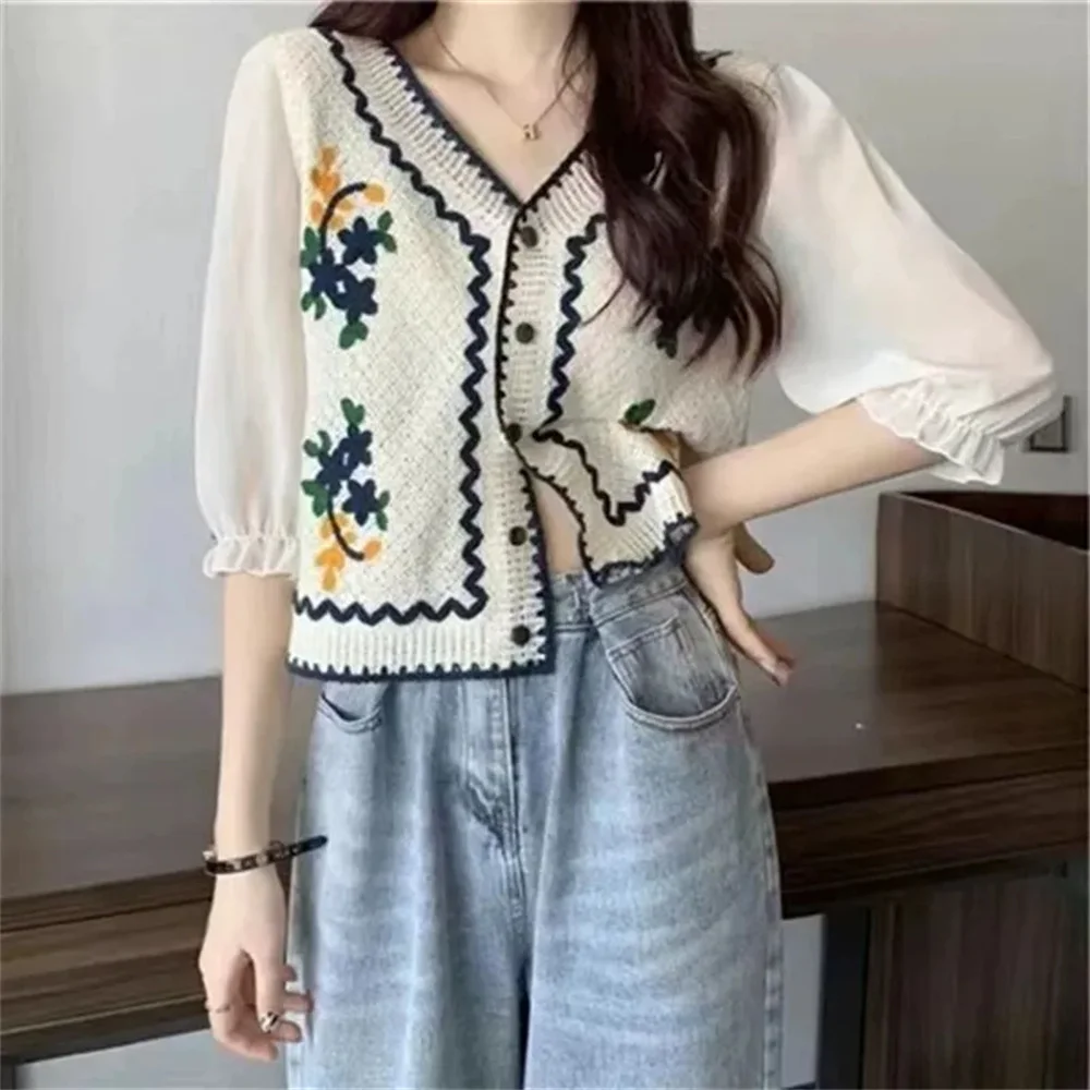 Blumen-Stickerei Häkelbluse Patchwork Chiffon-Ärmel Knopfleiste Vorne Cardigan Tops Damen Frühling Sommer Fairycore Cottagecore