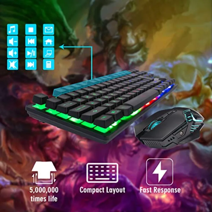 Gaming Wireless TKL Keyboard Mouse Combo Rechargeable LED Backlit Tenkeyless Compact 87 Keys 6 Button for Computer Laptop PS4 P