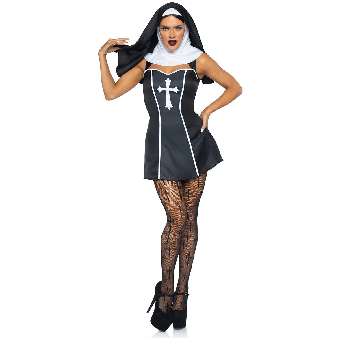 Vestido de cosplay de freira demoníaca assustador para mulheres, fantasia de Halloween, seios abertos, terno de saia curta freira, zumbi, vampiro, adulto