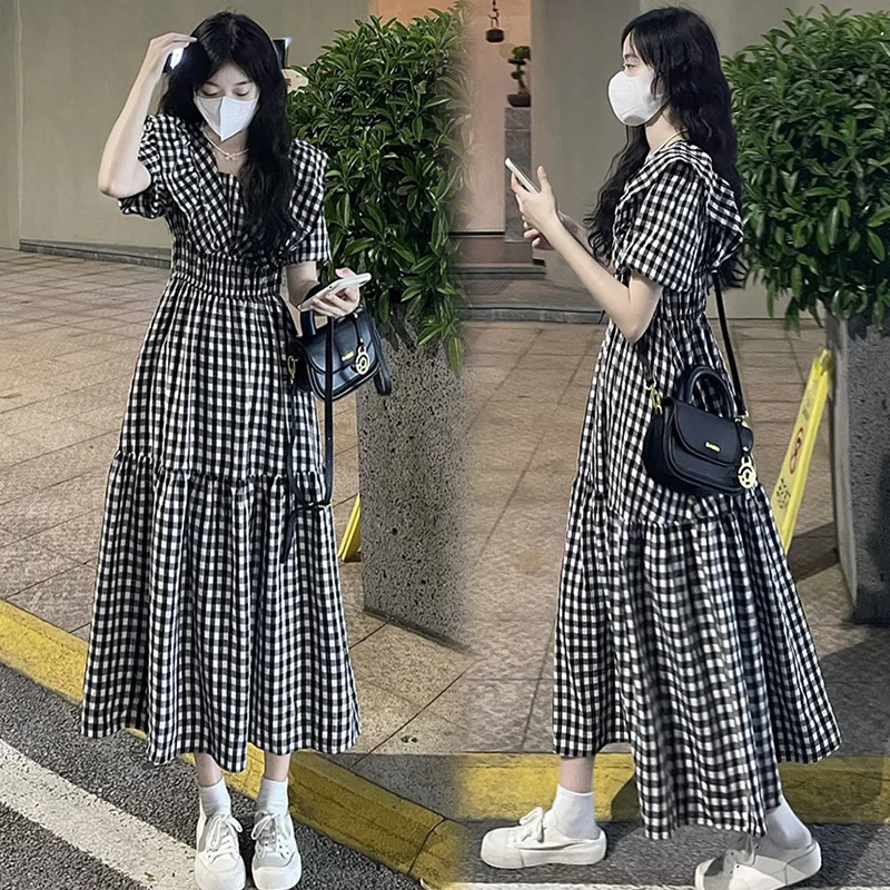 

Black White Plaid Dress for Maternity Summer Ruffled Square Collar Long Loose Pregnant Woman Loose Dress