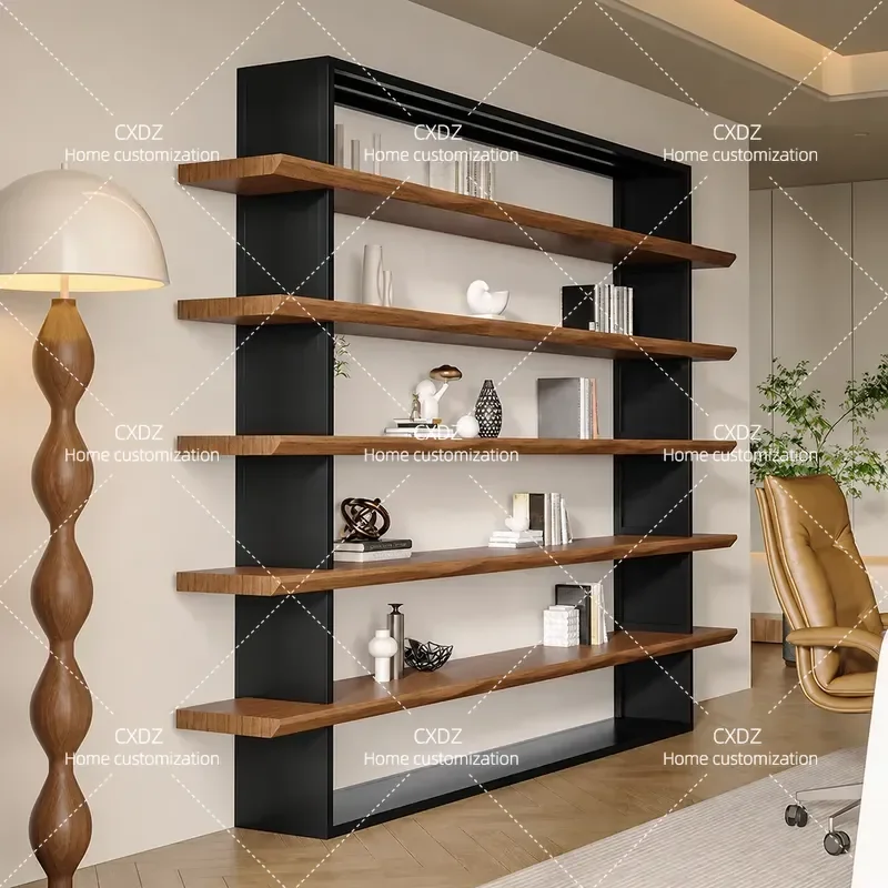 Solid Wood Wall Shelf Multi Layer Display Storage Rack Wrought Iron Floor Standing Bookcase for Office Study Living Room
