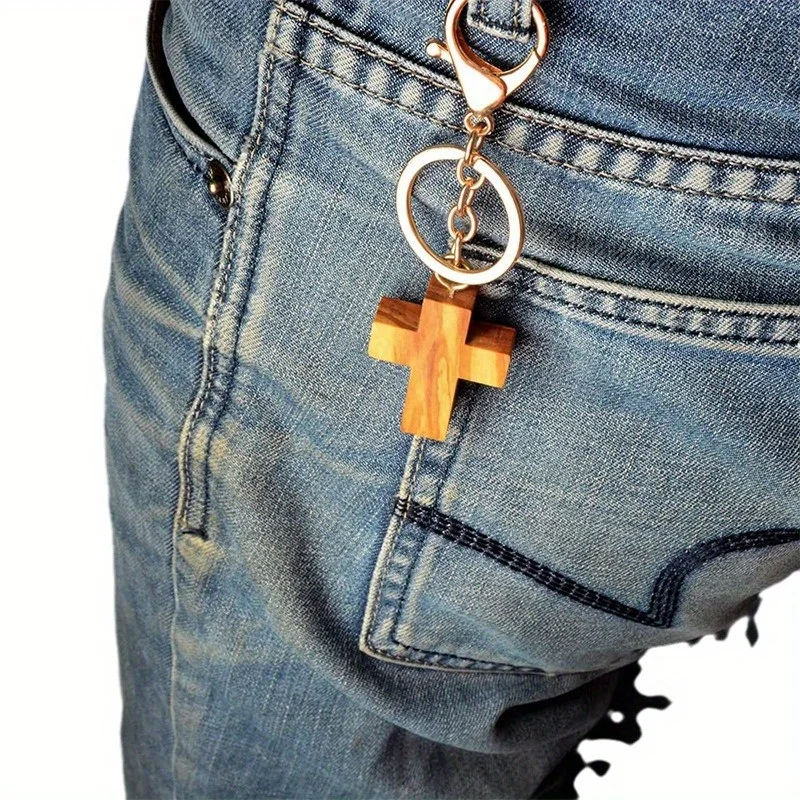 Olive Wood Cross Keychain Creative Handmade Wooden Cross Pendant DIY Decoration Pendant Holiday Gift