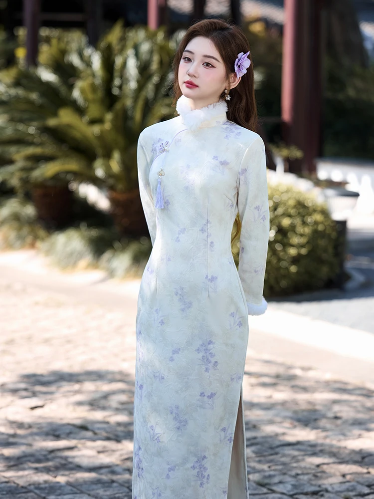 

Young Girl's Thiened Long Sve Fce Lined Dr Vintage Sle Daily Wear Winter Warm High Slit Floral Print