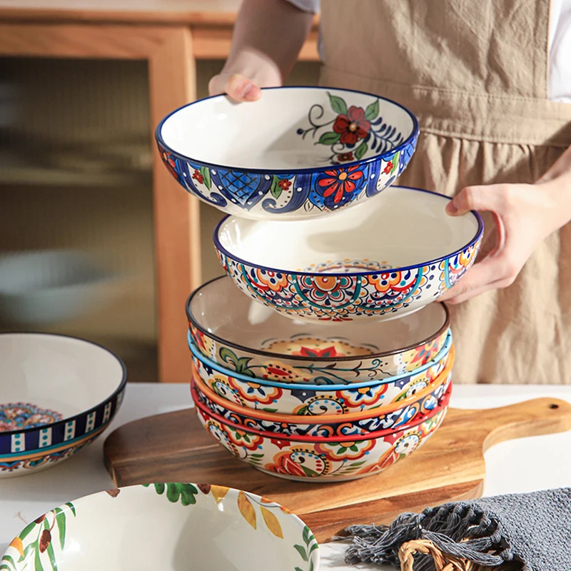 Oversize Ceramic 8-inch Printing Bowls, 33 Ounce Large Pasta Salad Bowls, Wide Shallow Soup Bowls, Retro Ramen Bowl for Kitchen