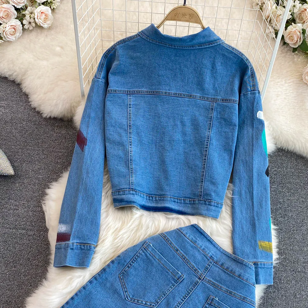 Amolapha Women Denim Clothing Suit Vintage Graffiti Jeans Jackets Coats+High Waist Split Midi Skirts Female 2pcs Sets