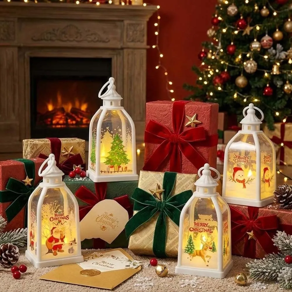 Warm Glow Christmas Lantern Vintage Shape Hanging Ring Xmas Night Light Lightweight Design Printed Pattern LED Candle Lamp