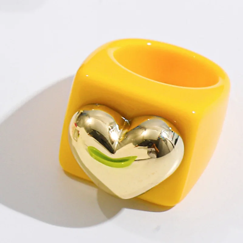 Harajuku Fashion Rainbow Colorful Resin Acrylic Geometric Metal Heart Ring For Women Party Sweet Aesthetic Jewelry Accessories