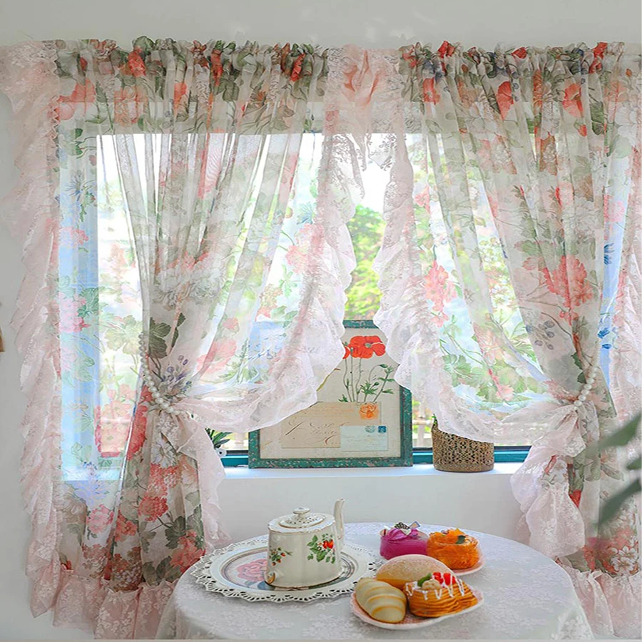 Pastoral Flowers Tulle with Pink Lace Ruffled Curtains for Bedroom,Romantic Retro Voile Window Drapes for Kitchen Decoration