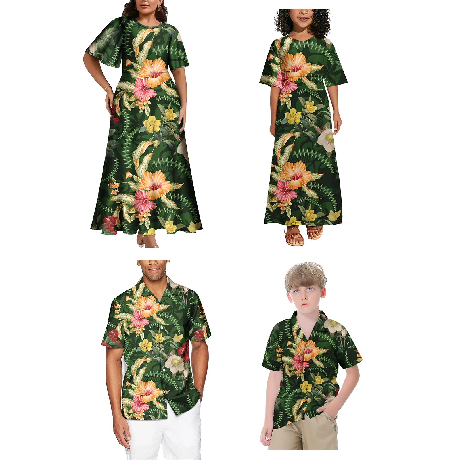 

Fashion Polynesian Hawaiian Tribal Tapa Floral Design Mother Son Daddy Girls' Clothing Sets Matching Outfits For Family Holiday