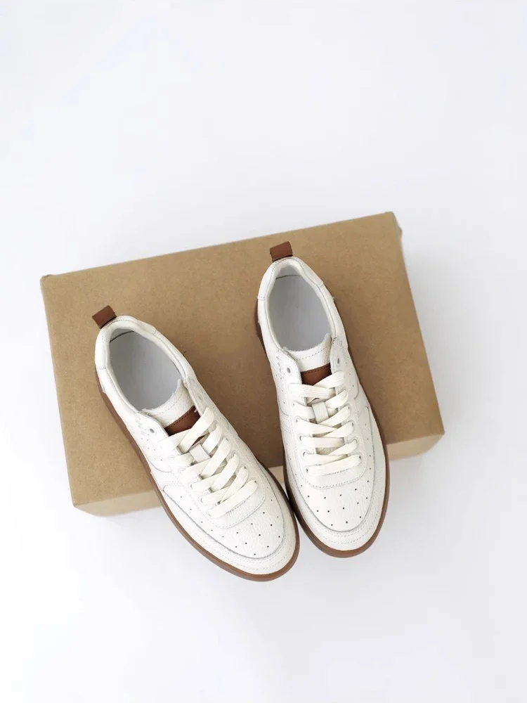 New 2024 Women Fashion Genuine Leather Spring Flat Lacing Shoes Casual Versatile Sneakers Commute Female Chic platform shoes